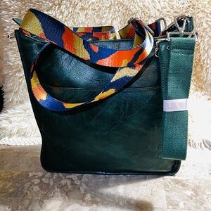Stylish Distressed Green Leather Tote Bag 
w/Colorful Guitar Strap (NWOT)